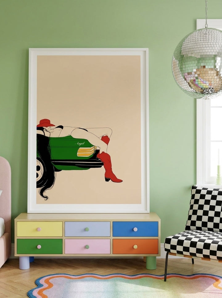 Modern wall art print standing on a side table in a colourful eclectic bedroom