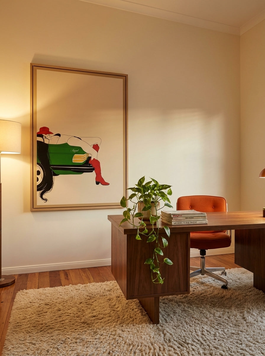 Oversized statement modern wall art print styled on the wall in a retro 70s home office