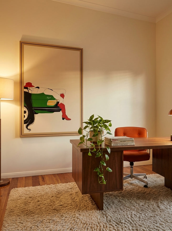 Oversized statement modern wall art print styled on the wall in a retro 70s home office