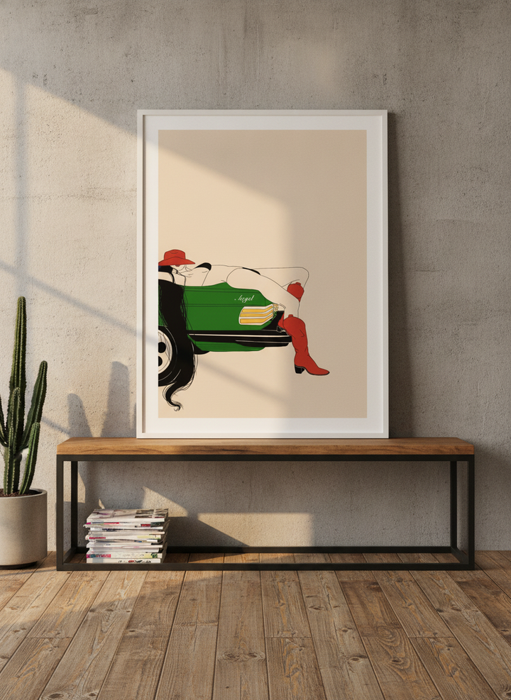 Modern wall art print standing on a console in an industrial loft bedroom