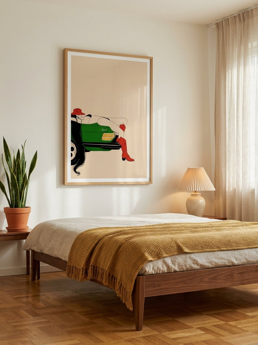 Modern wall art print styled on the wall in a mid-century bedroom