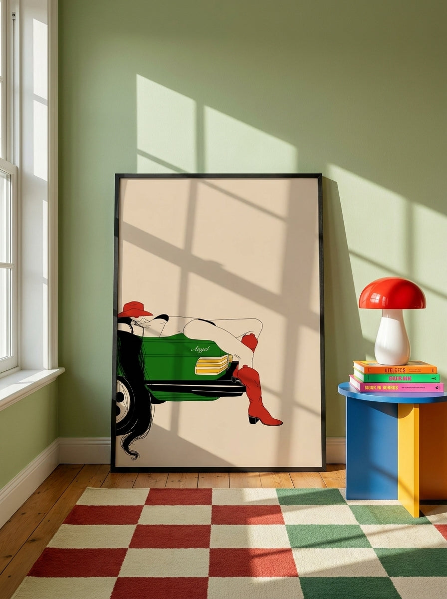 Oversized statement modern wall art print leaning against the wall in a colourful eclectic living room