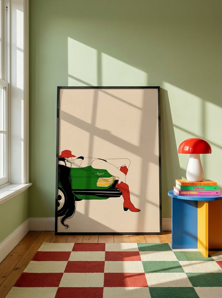 Oversized statement modern wall art print leaning against the wall in a colourful eclectic living room