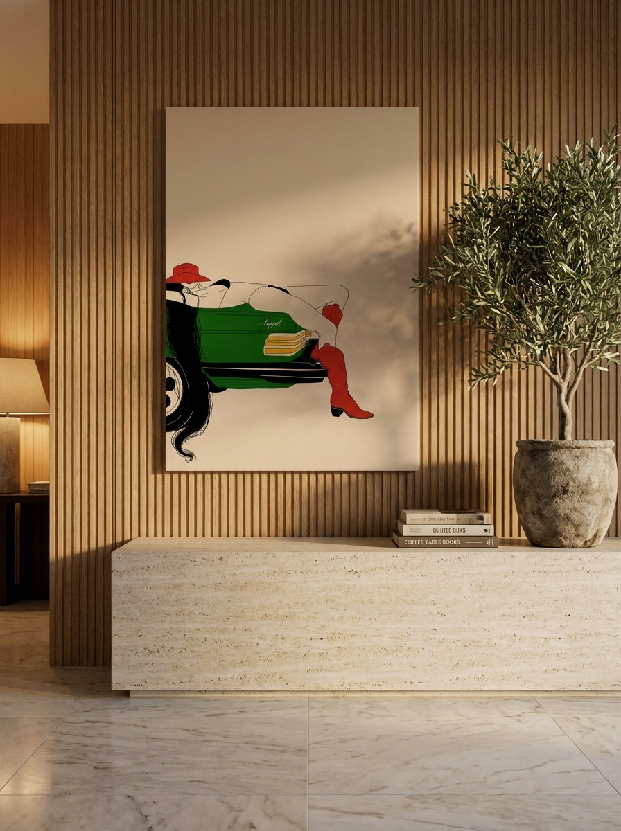 Stretched canvas wall art styled on the wall in a luxe living room