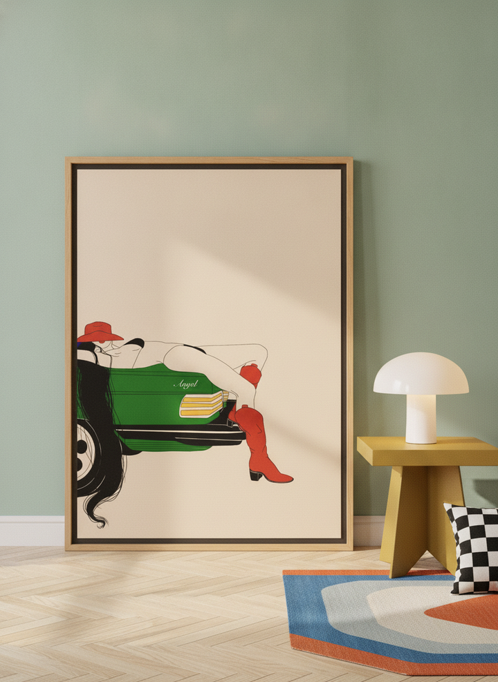 Oversized statement canvas wall art with a natural timber surround leaning against the wall in a colourful eclectic dining room