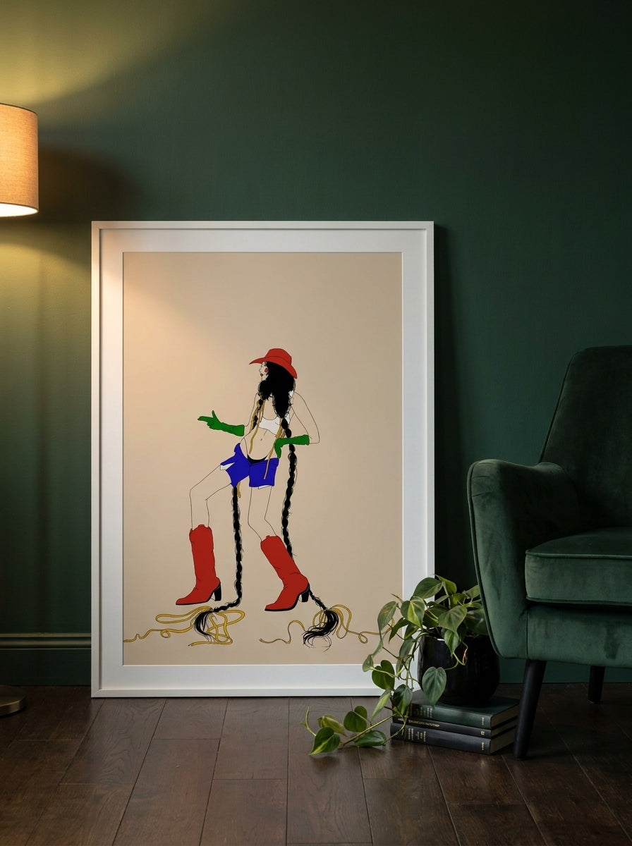 Modern wall art print leaning against the wall in a moody bedroom
