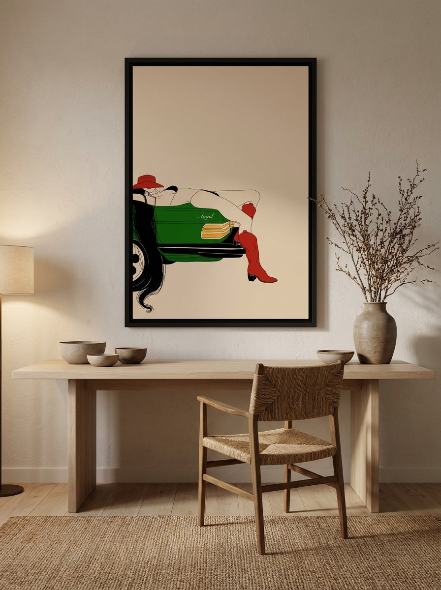 Canvas wall art with a black surround styled on the wall in a warm Japandi home office