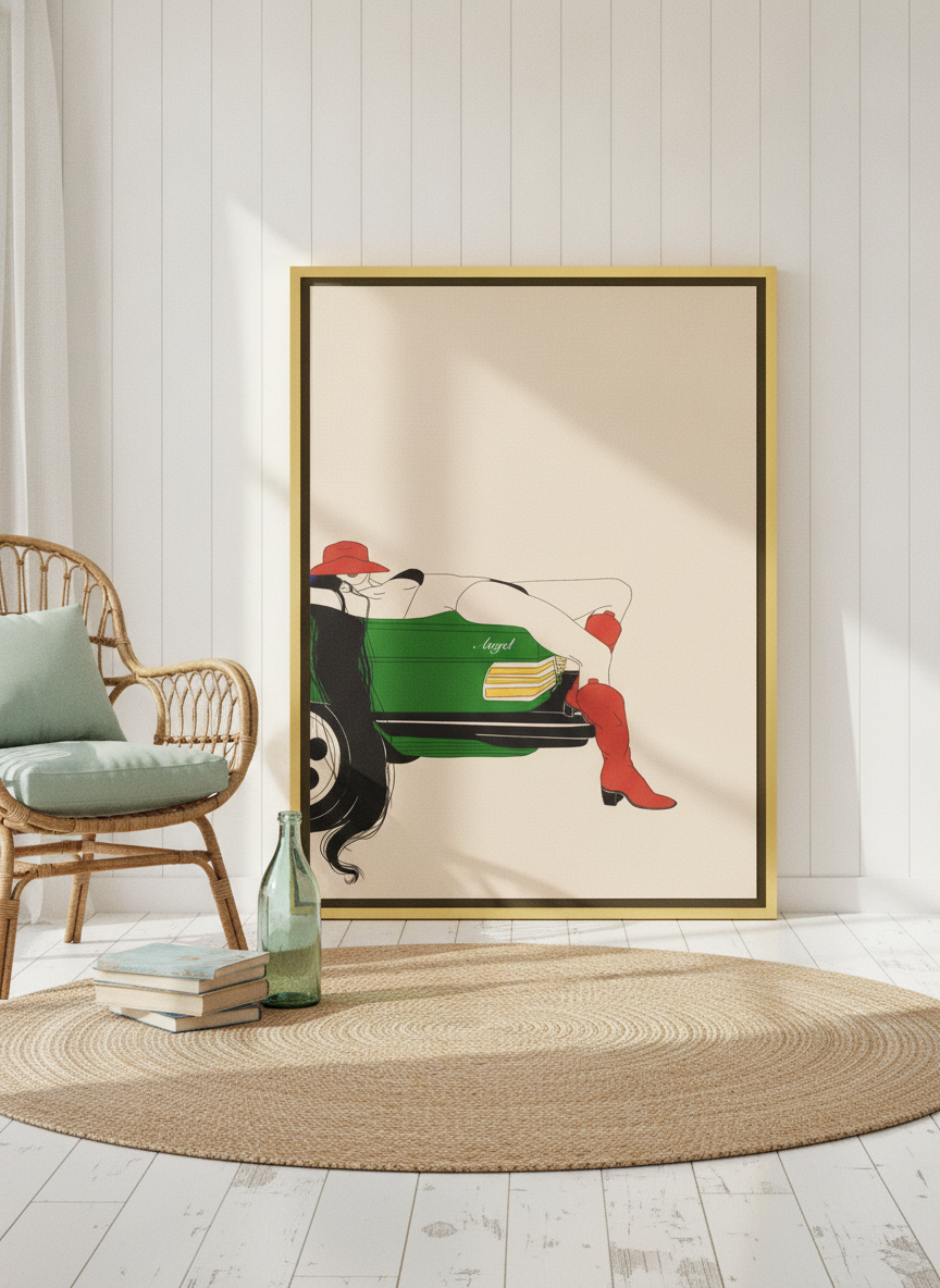 Canvas wall art with a gold leaf surround leaning against the wall in a coastal bedroom