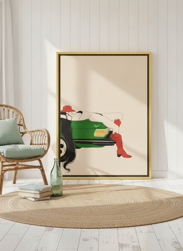 Canvas wall art with a gold leaf surround leaning against the wall in a coastal bedroom