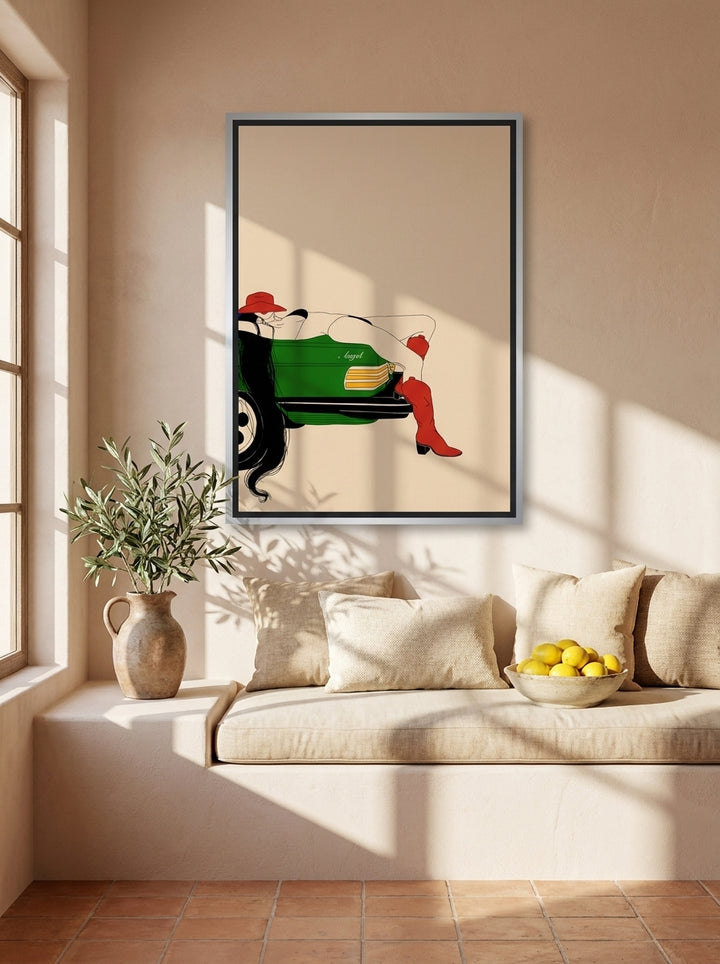 Oversized statement canvas wall art with a silver leaf surround styled on the wall in a Mediterranean living room