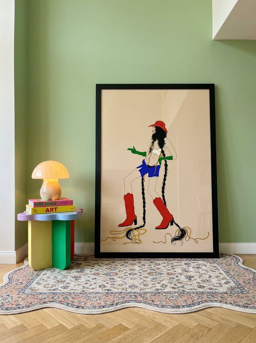 Oversized statement modern wall art print leaning against the wall in a colourful eclectic living room