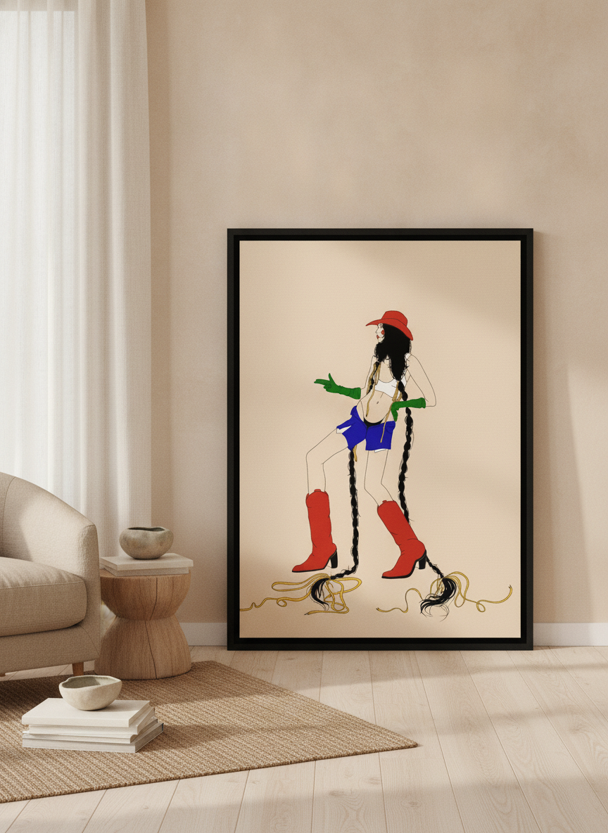 Canvas wall art with a black surround leaning against the wall in a warm Japandi home office