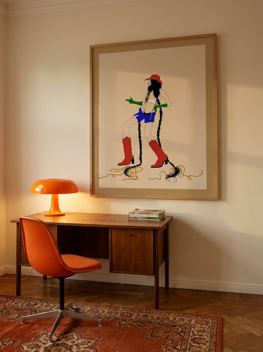 Oversized statement modern wall art print styled on the wall in a retro 70s home office