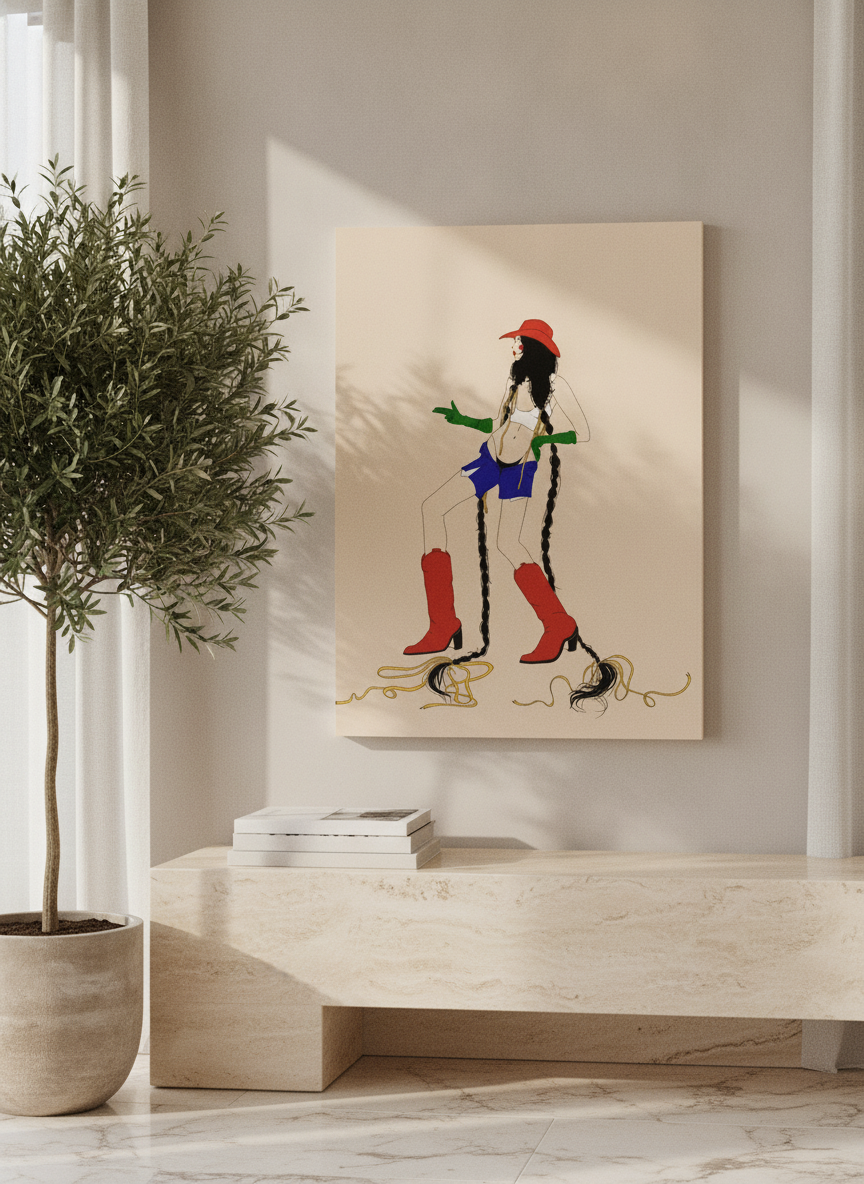 Stretched canvas wall art standing on a console in a luxe living room