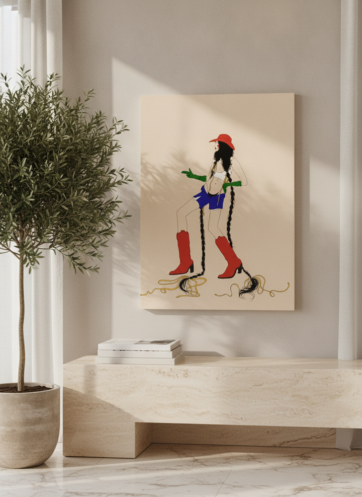 Stretched canvas wall art standing on a console in a luxe living room