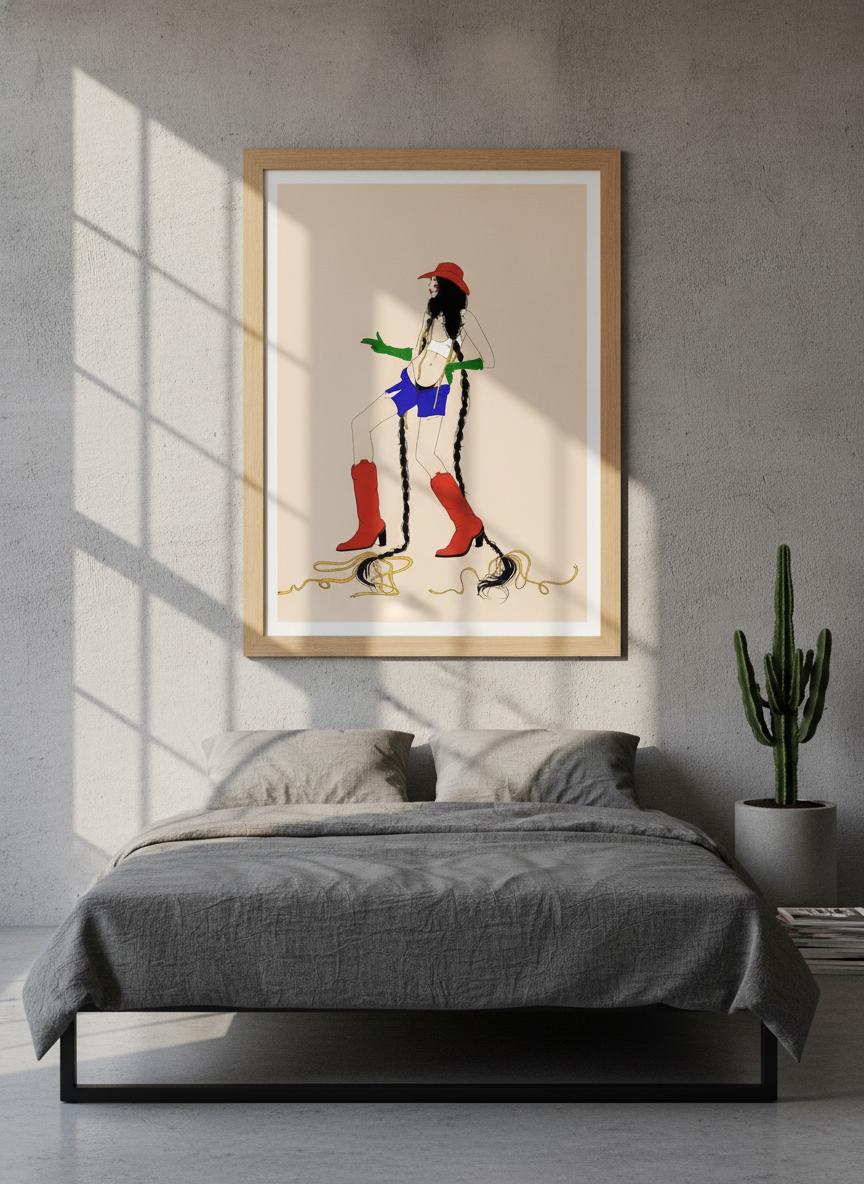 Modern wall art print styled on the wall in an industrial loft bedroom