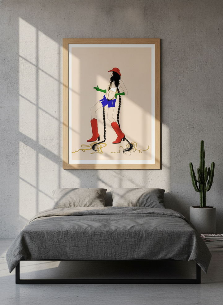 Modern wall art print styled on the wall in an industrial loft bedroom