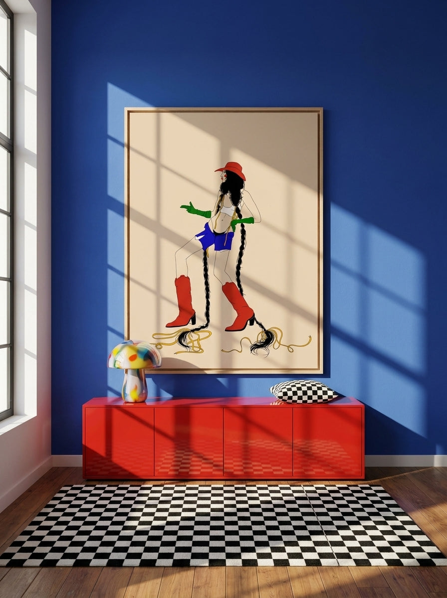 Oversized statement canvas wall art with a natural timber surround styled on the wall in a colourful eclectic living room
