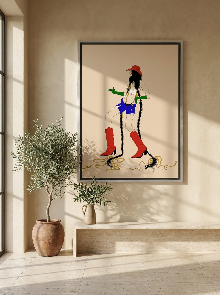 Oversized statement canvas wall art with a silver leaf surround styled on the wall in a Mediterranean living room
