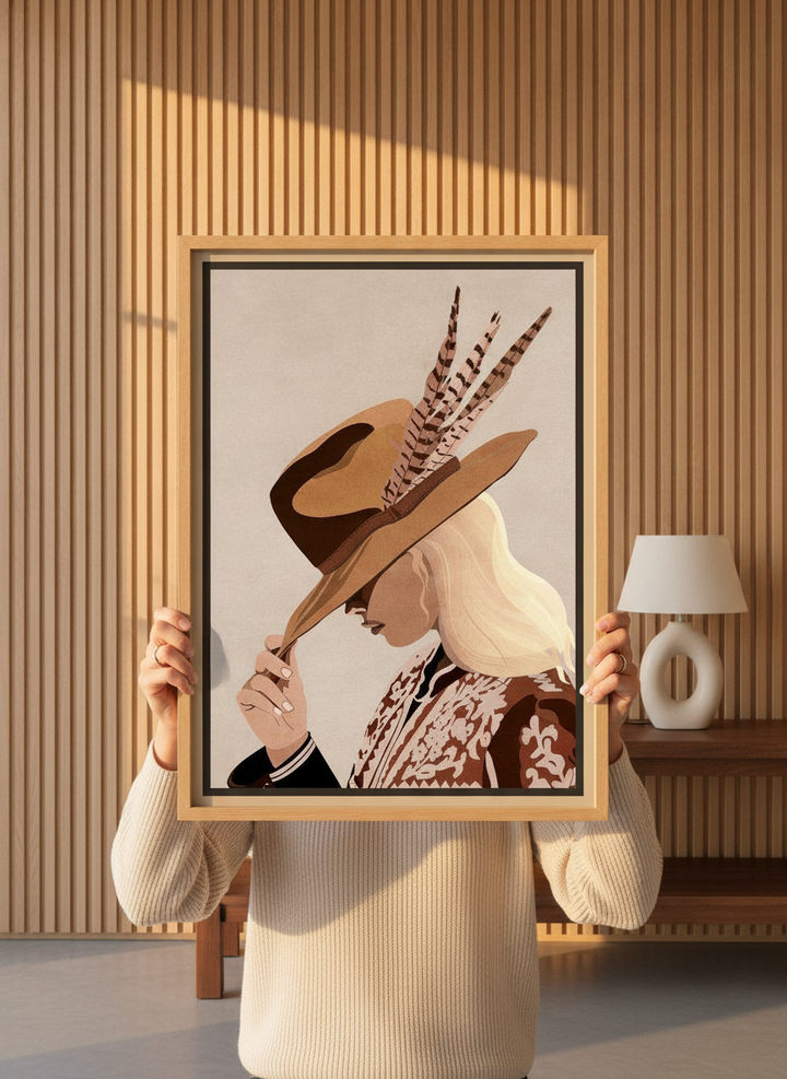Person holding canvas wall art with a natural timber surround in a luxe living room