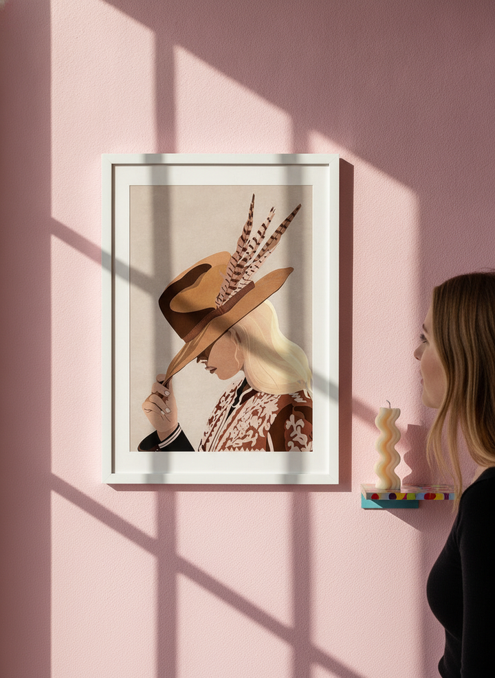 Person holding modern wall art print in a colourful eclectic living room