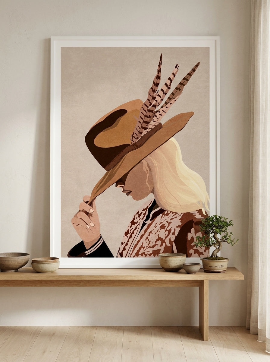Modern wall art print standing on a bench in a warm Japandi bedroom