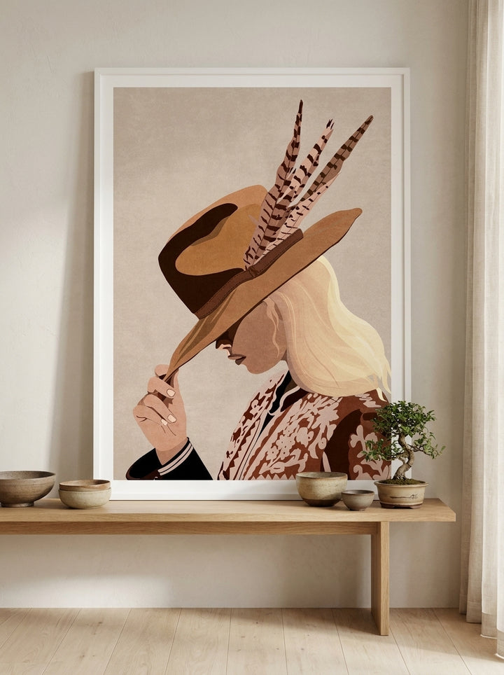 Modern wall art print standing on a bench in a warm Japandi bedroom