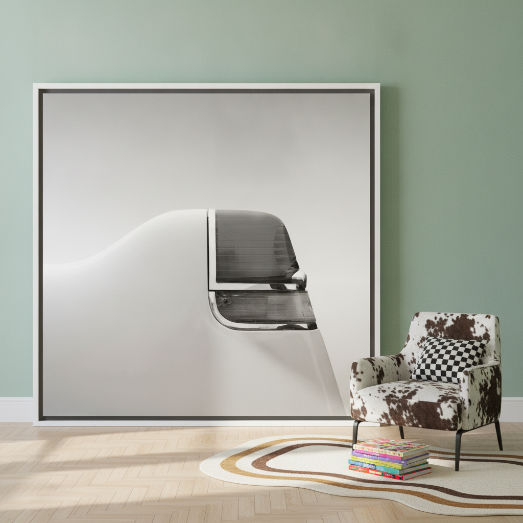 Oversized statement canvas wall art with a white surround leaning against the wall in a colourful eclectic bedroom