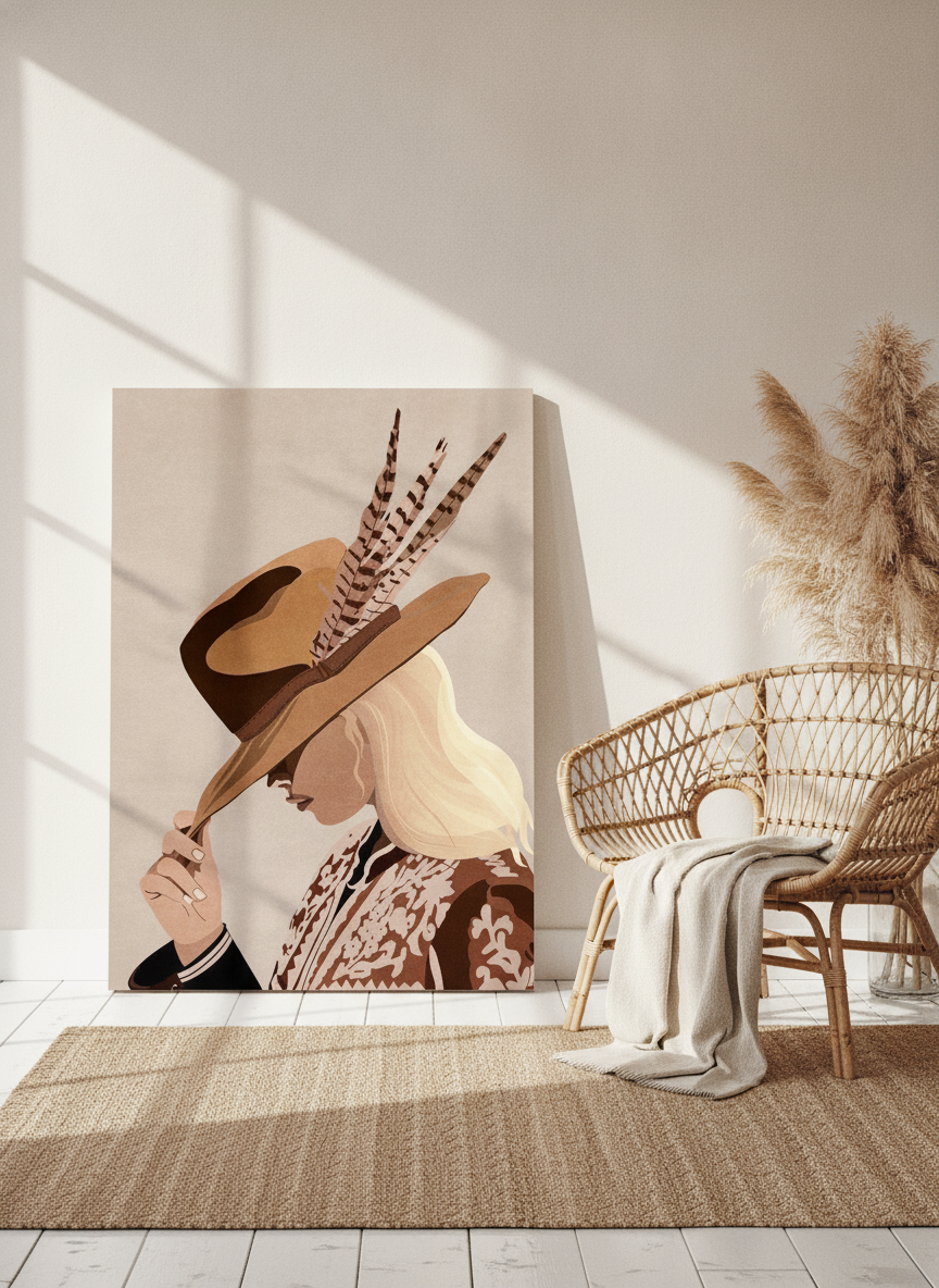 Stretched canvas wall art leaning against the wall in a coastal living room