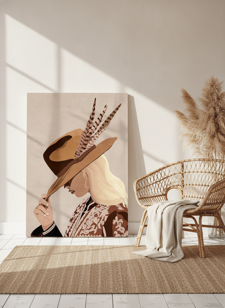 Stretched canvas wall art leaning against the wall in a coastal living room