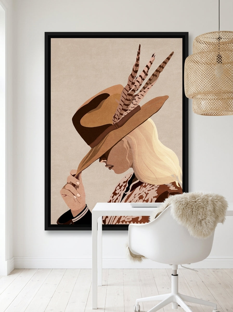 Canvas wall art with a black surround styled on the wall in a bright Scandinavian home office