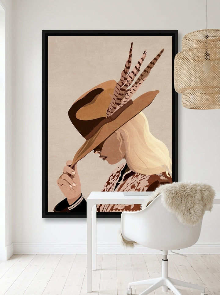 Canvas wall art with a black surround styled on the wall in a bright Scandinavian home office