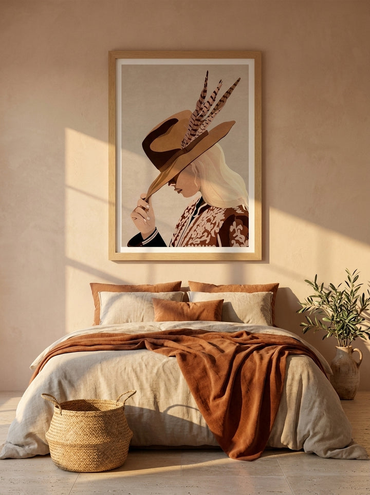 Modern wall art print styled on the wall in a Mediterranean bedroom