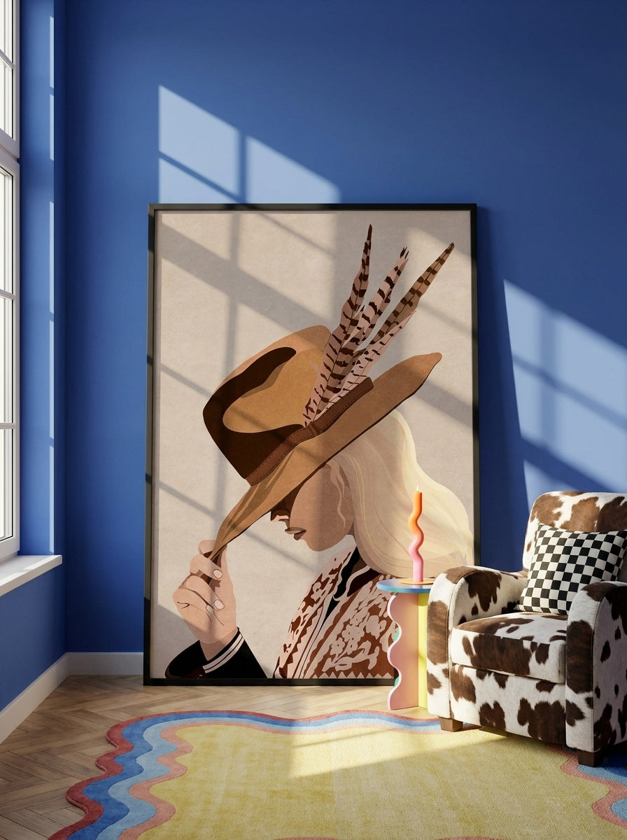 Oversized statement modern wall art print leaning against the wall in a colourful eclectic living room