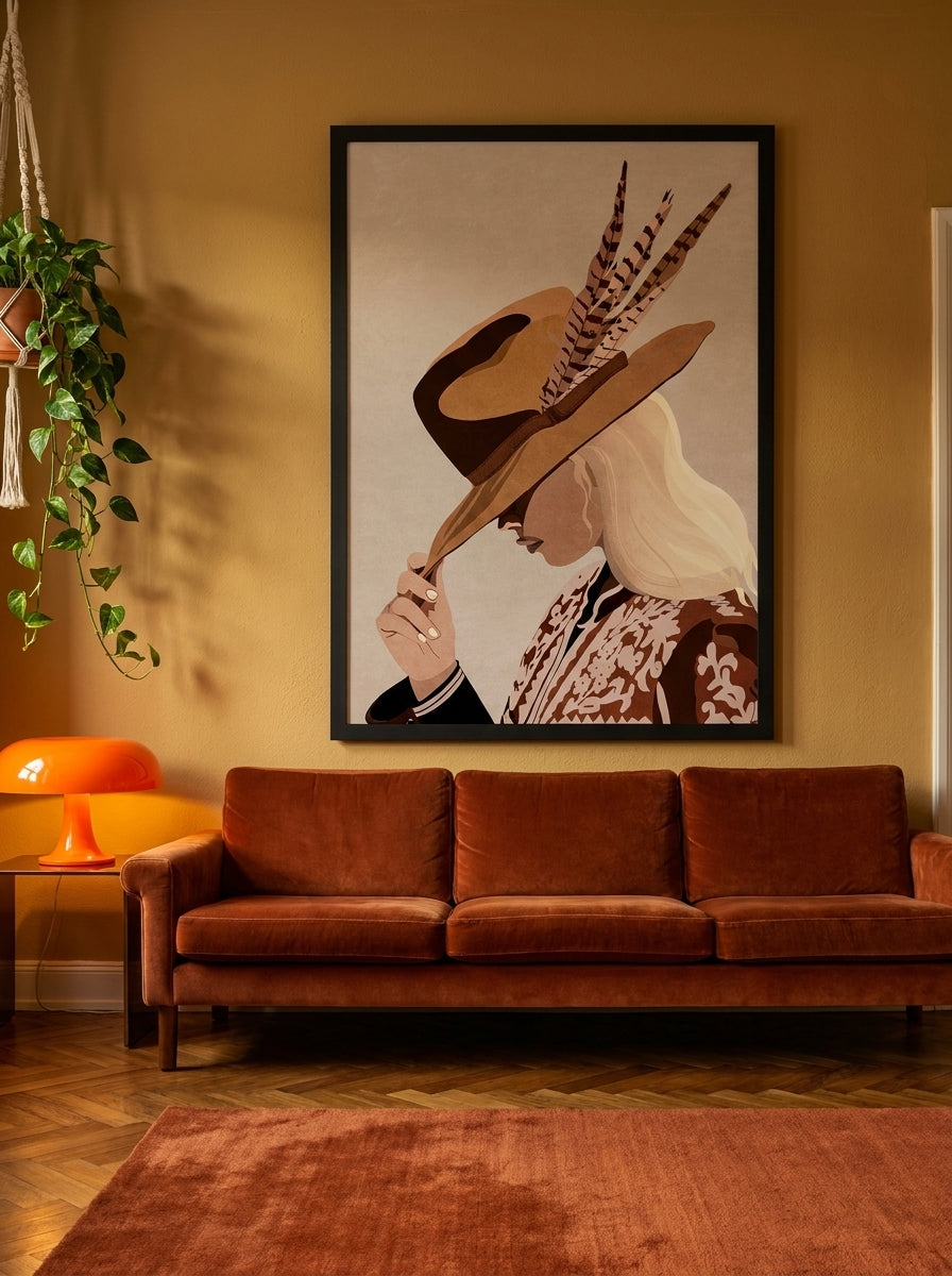 Oversized statement modern wall art print styled on the wall in a retro 70s living room
