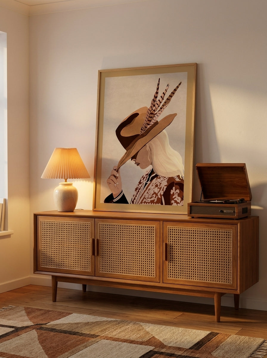 Modern wall art print standing on a sideboard in a mid-century home office