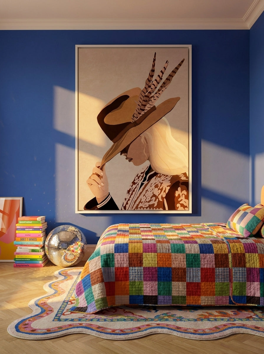 Oversized statement canvas wall art with a white surround styled on the wall in a colourful eclectic bedroom