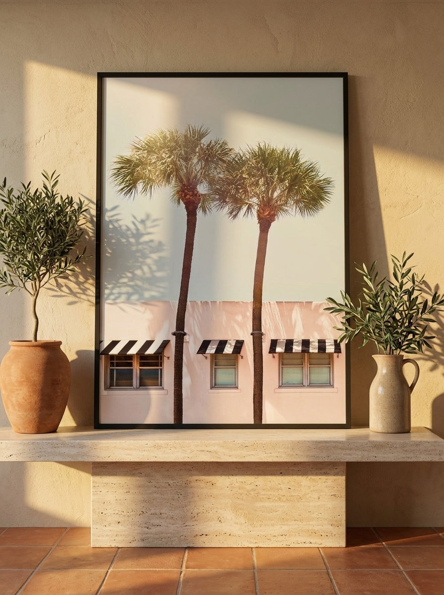 Modern wall art print standing on a console in a Mediterranean bedroom