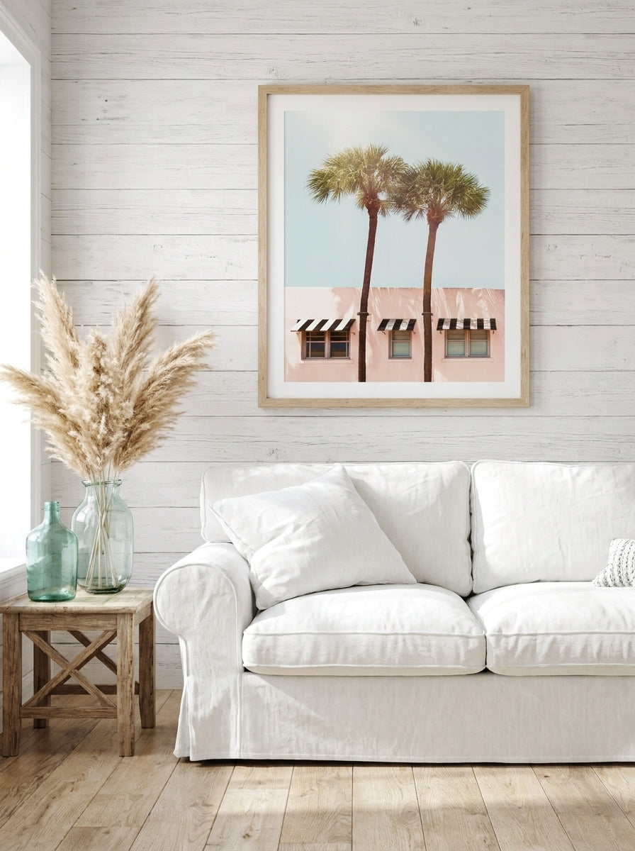Modern wall art print styled on the wall in a coastal living room