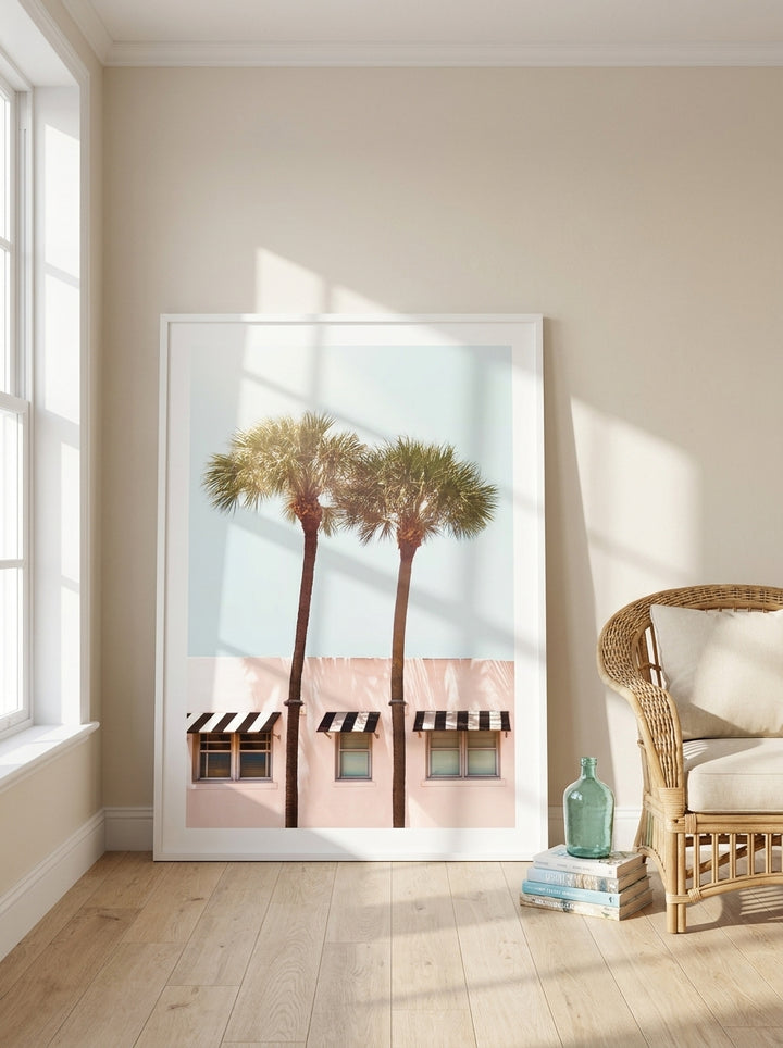Oversized statement modern wall art print leaning against the wall in a coastal living room