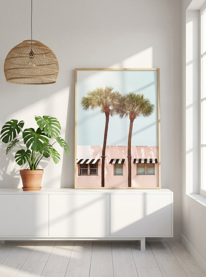 Modern wall art print standing on a sideboard in a bright Scandinavian bathroom
