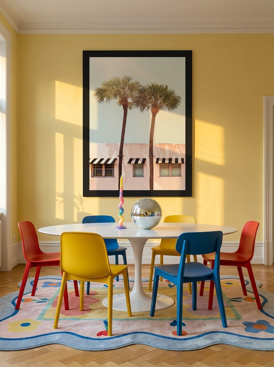 Oversized statement modern wall art print styled on the wall in a colourful eclectic dining room