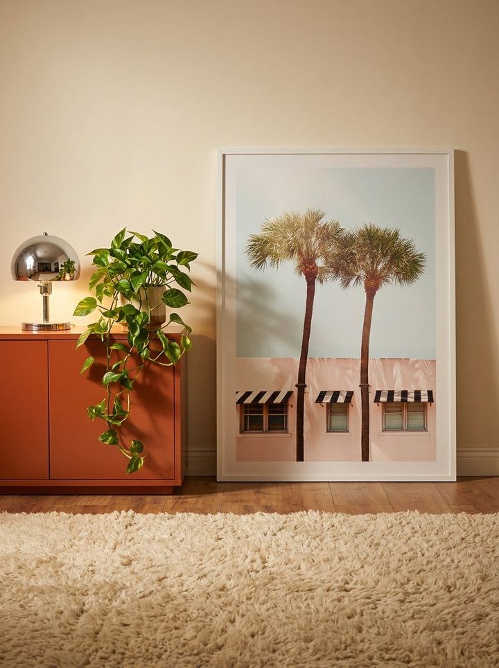 Modern wall art print standing on a sideboard in a retro 70s living room