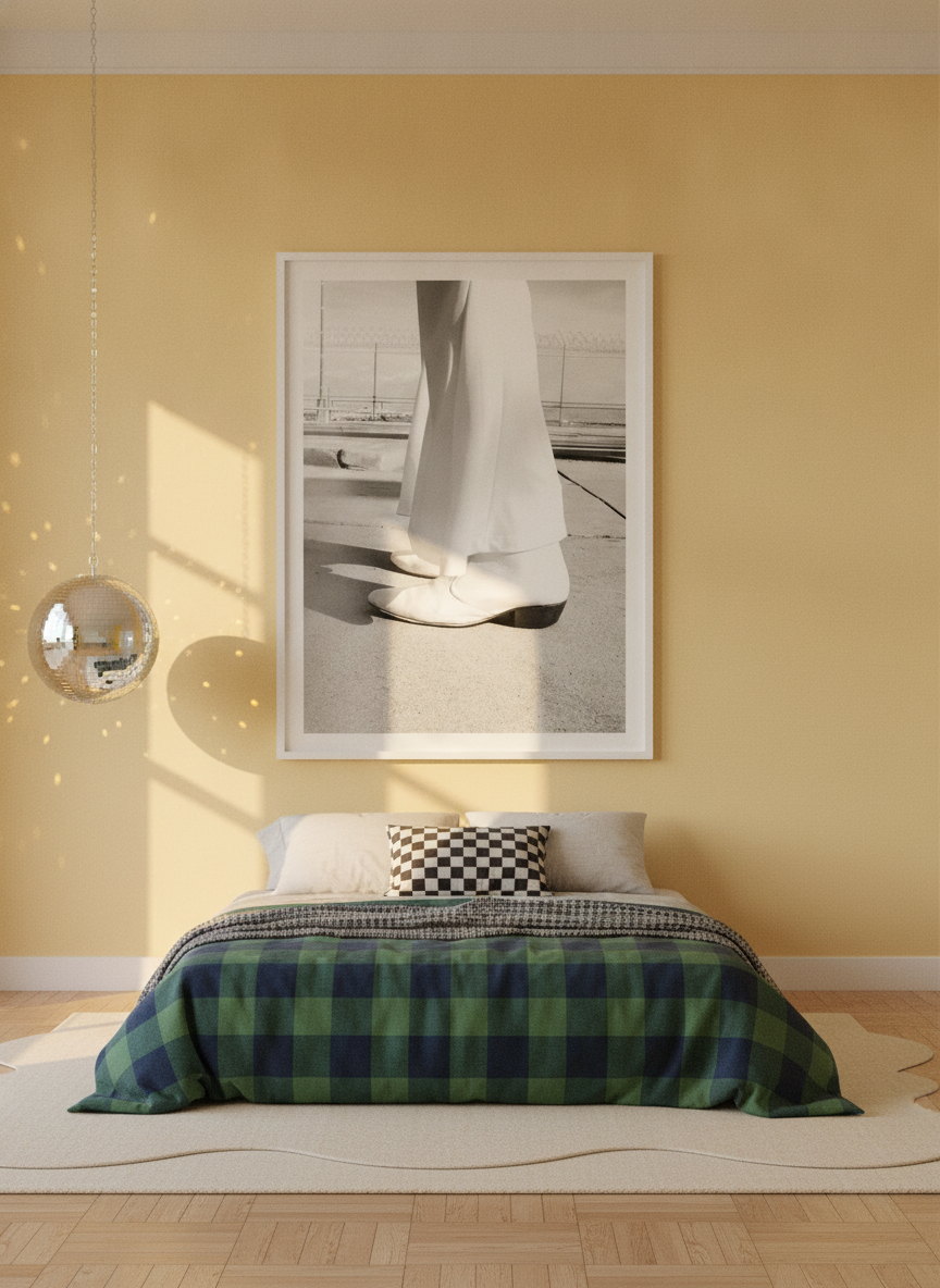 Oversized statement modern wall art print styled on the wall in a colourful eclectic bedroom