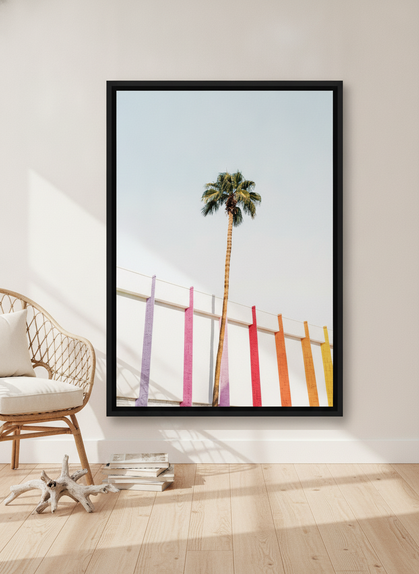 Canvas wall art with a black surround leaning against the wall in a coastal dining room