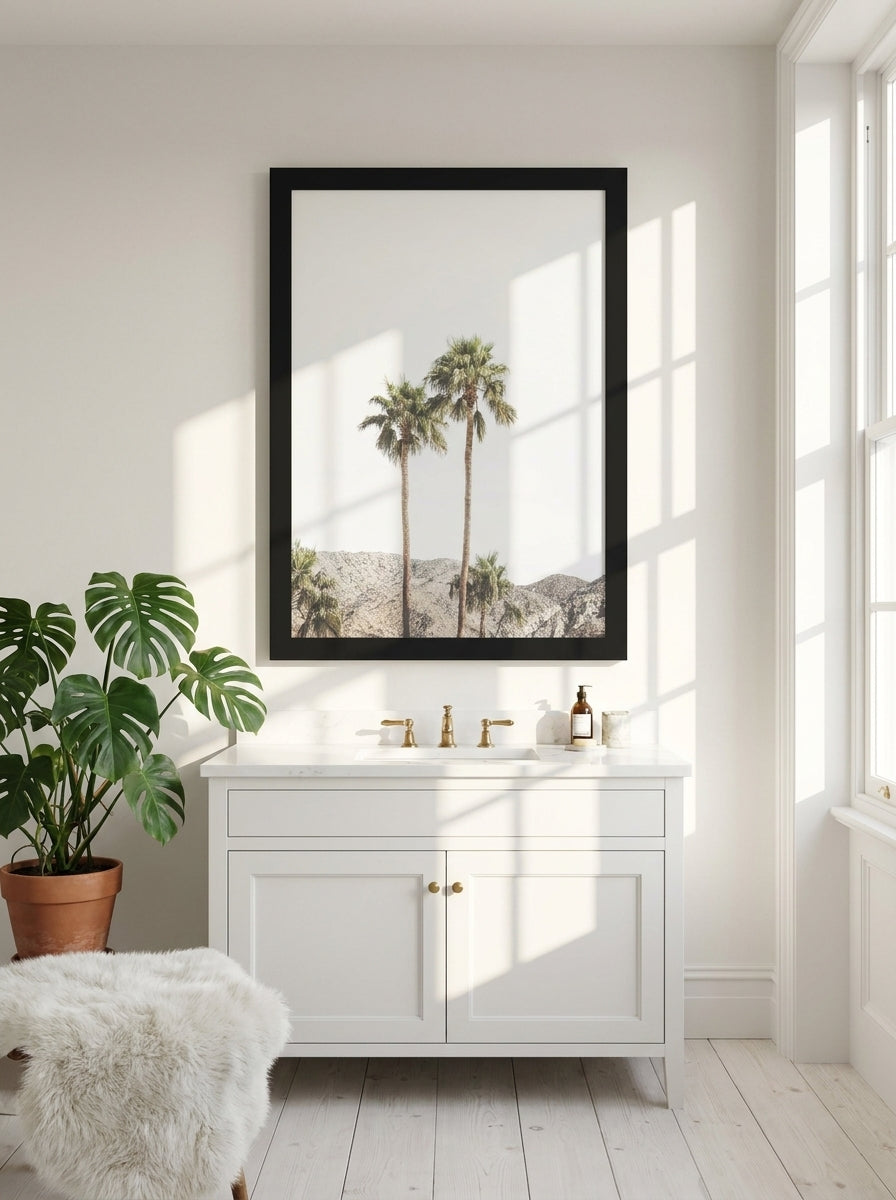 Modern wall art print styled on the wall in a bright Scandinavian bathroom