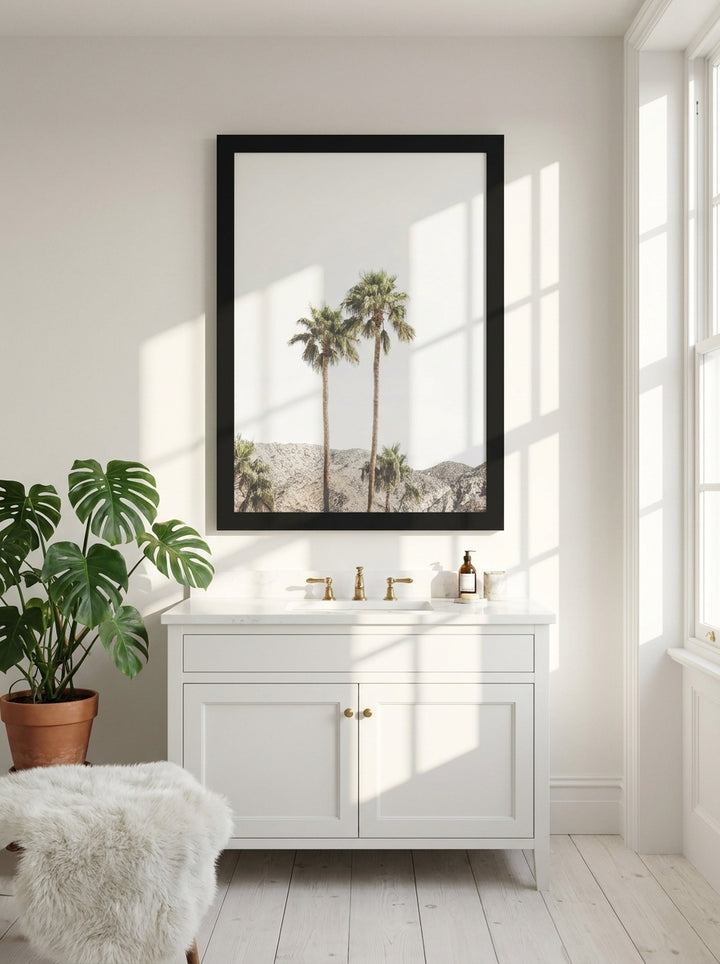 Modern wall art print styled on the wall in a bright Scandinavian bathroom