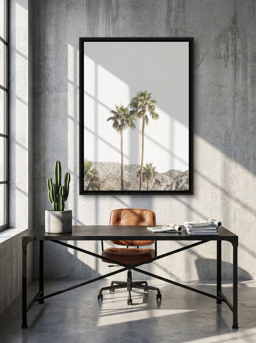 Canvas wall art with a black surround styled on the wall in an industrial loft home office