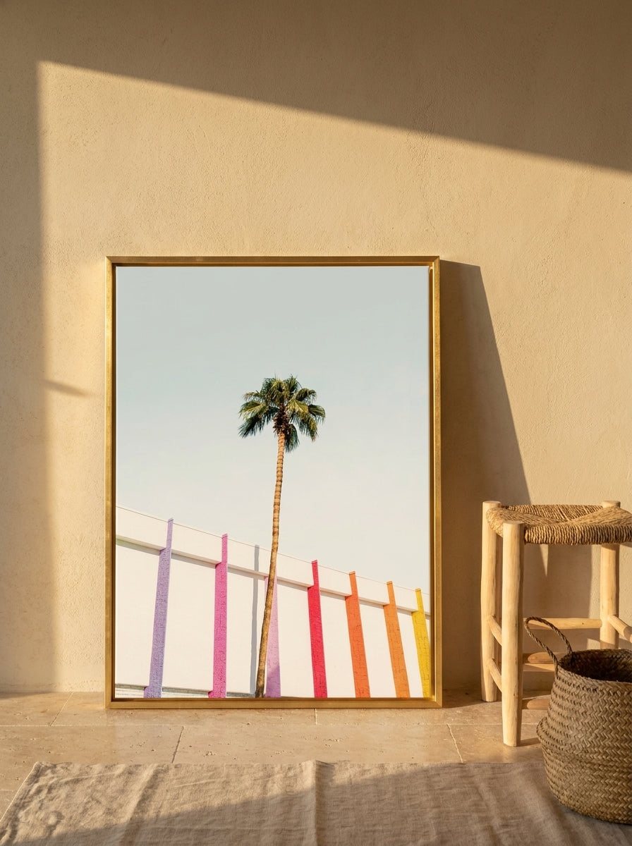 Canvas wall art with a gold leaf surround leaning against the wall in a Mediterranean bedroom
