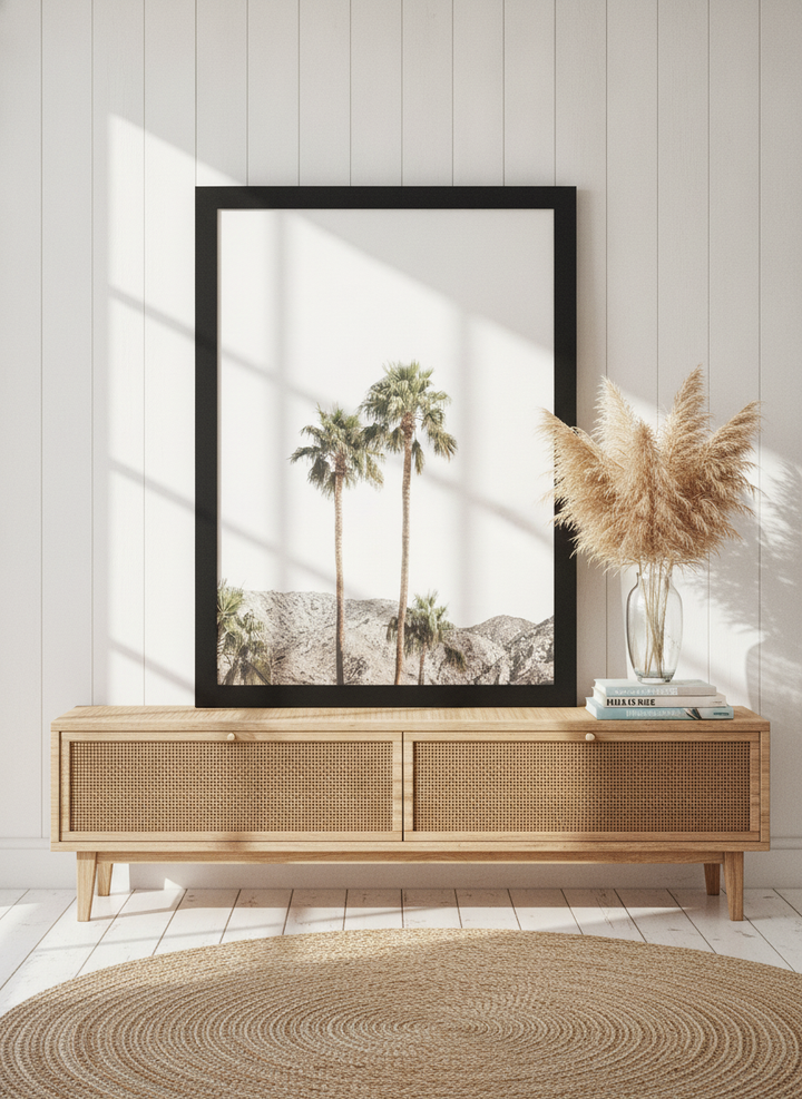 Modern wall art print standing on a sideboard in a coastal bedroom